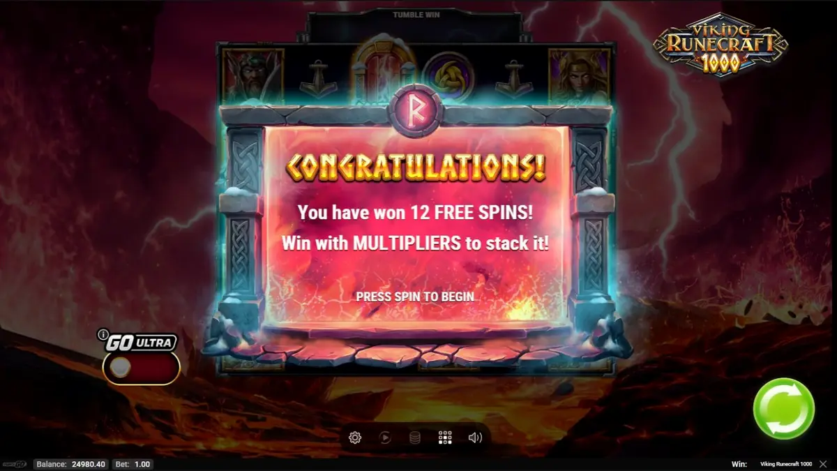 Interface do jogo Viking Runecraft 1000 com deuses nórdicos e grade de símbolos