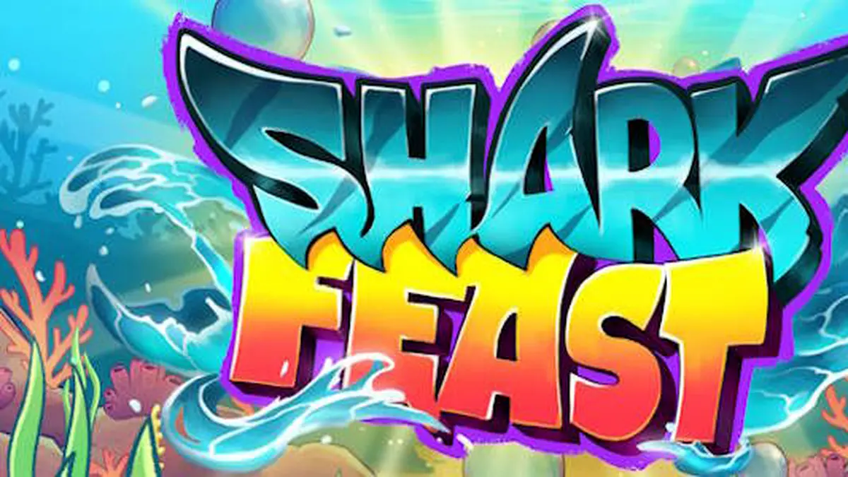 Cena subaquática vibrante com tema de festival de tubarões em Shark Feast