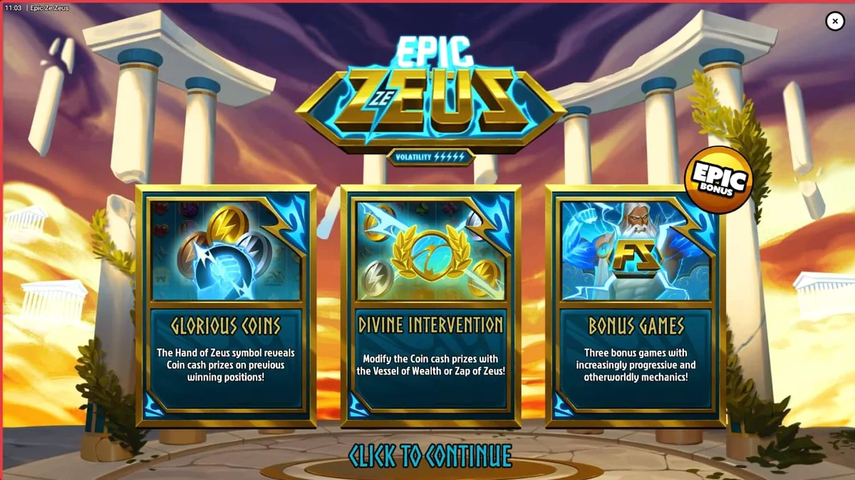 Tela de jogo do slot Epic Ze Zeus com temática de mitologia grega e raios