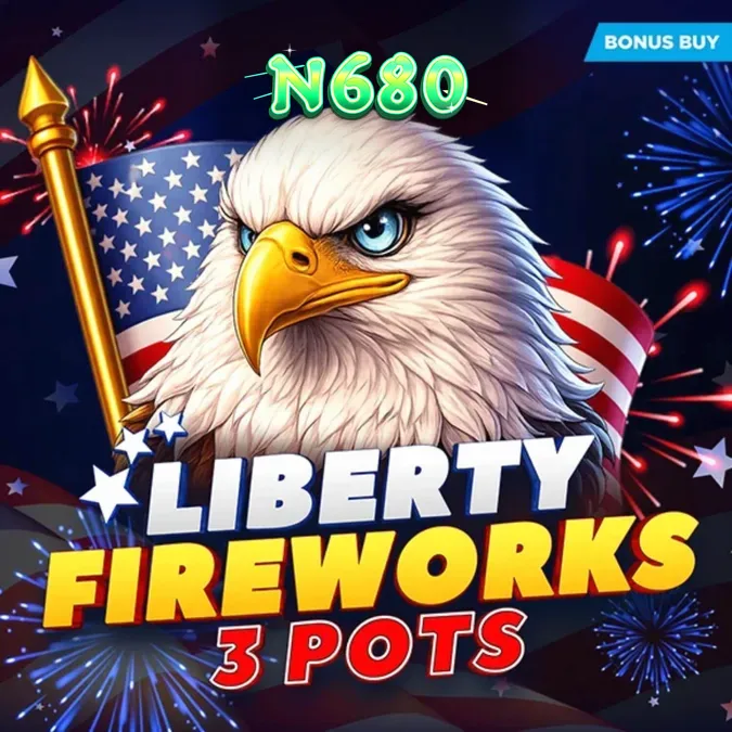 Interface vibrante do slot Liberty Fireworks 3 Pots com fogos de artifício e símbolos patrióticos.